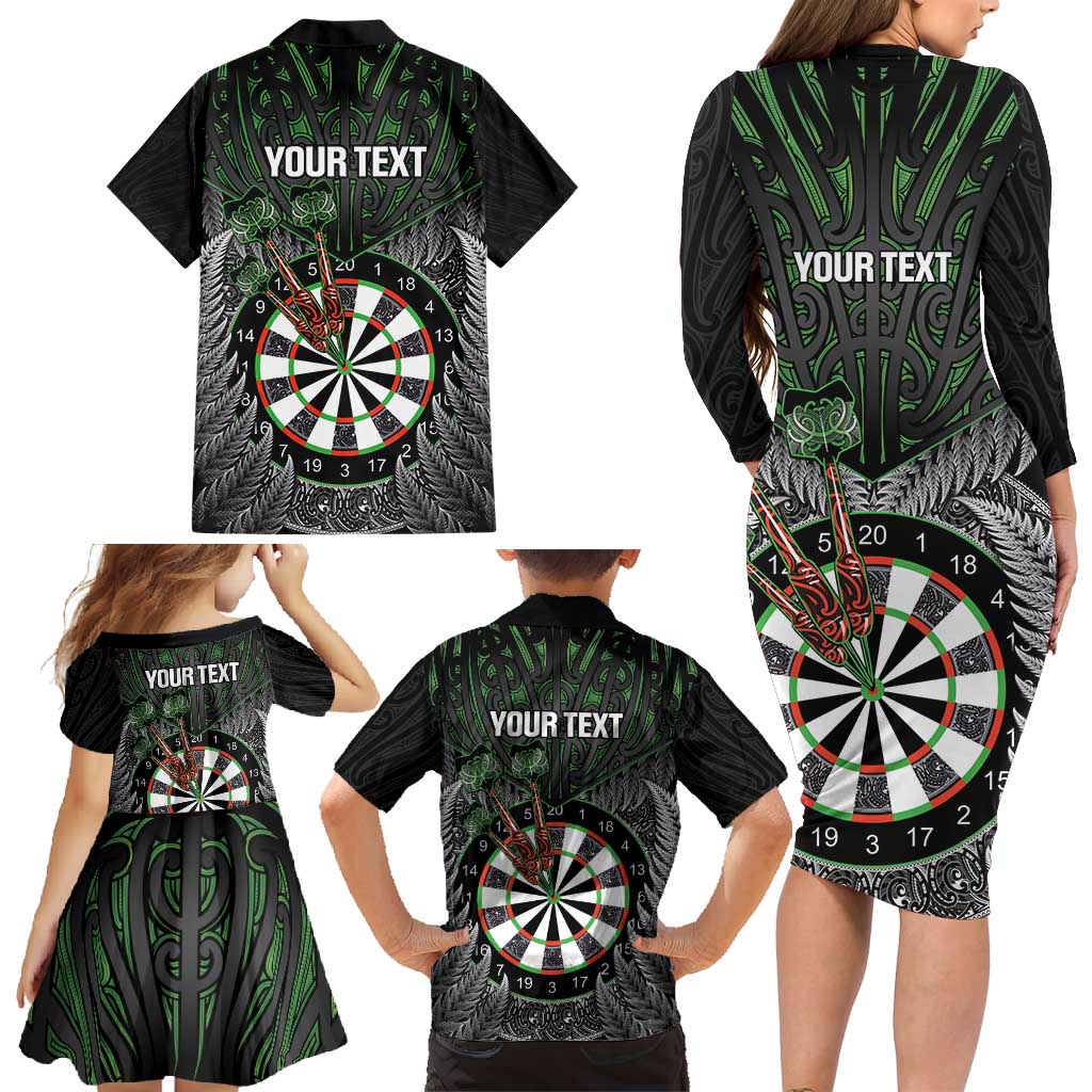 Personalised New Zealand Darts Family Matching Long Sleeve Bodycon Dress and Hawaiian Shirt Dartboard Maori Fern Puhoro Art LT14 - Polynesian Pride