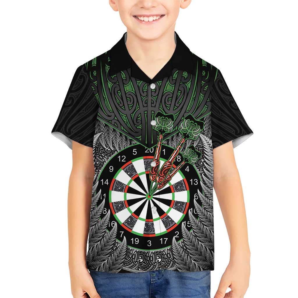 Personalised New Zealand Darts Family Matching Long Sleeve Bodycon Dress and Hawaiian Shirt Dartboard Maori Fern Puhoro Art LT14 Son's Shirt Black - Polynesian Pride