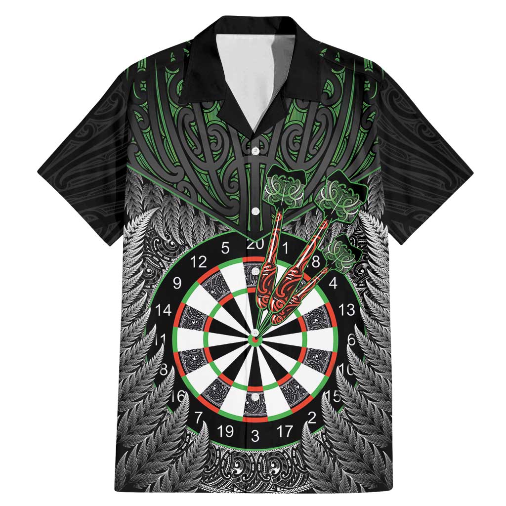 Personalised New Zealand Darts Family Matching Mermaid Dress and Hawaiian Shirt Dartboard Maori Fern Puhoro Art LT14 Dad's Shirt - Short Sleeve Black - Polynesian Pride