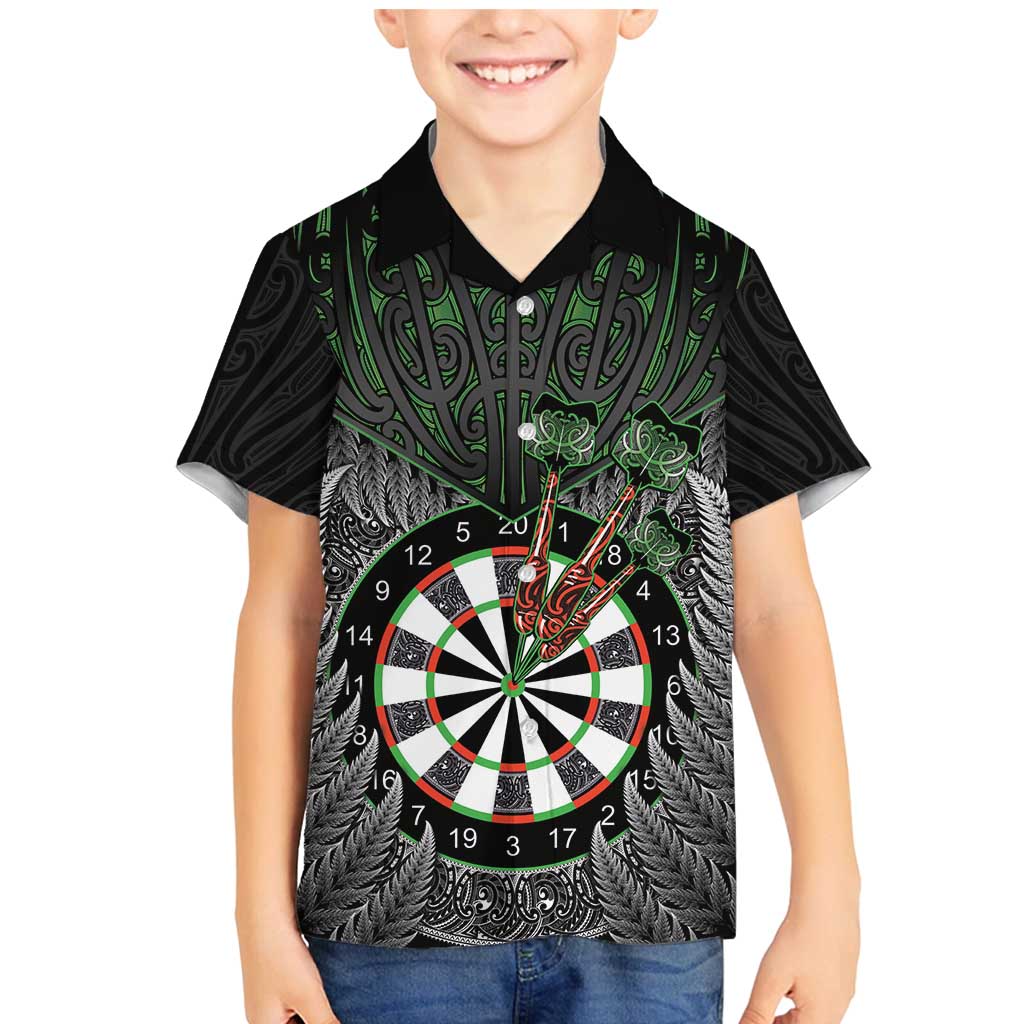 Personalised New Zealand Darts Family Matching Mermaid Dress and Hawaiian Shirt Dartboard Maori Fern Puhoro Art LT14 Son's Shirt Black - Polynesian Pride