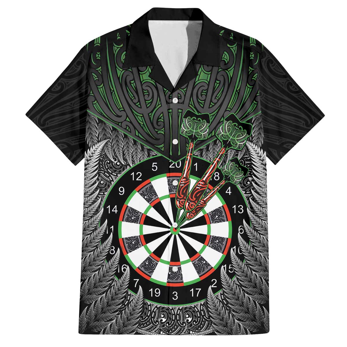 Personalised New Zealand Darts Family Matching Off The Shoulder Long Sleeve Dress and Hawaiian Shirt Dartboard Maori Fern Puhoro Art LT14 Dad's Shirt - Short Sleeve Black - Polynesian Pride