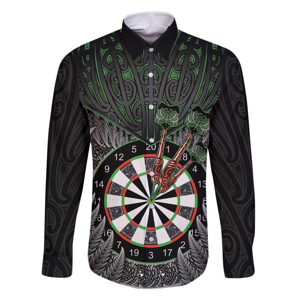 Personalised New Zealand Darts Family Matching Off The Shoulder Long Sleeve Dress and Hawaiian Shirt Dartboard Maori Fern Puhoro Art LT14 Dad's Shirt - Long Sleeve Black - Polynesian Pride