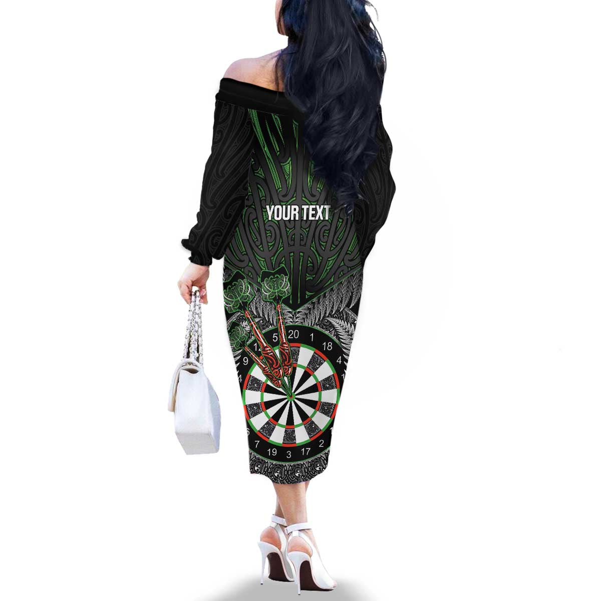 Personalised New Zealand Darts Family Matching Off The Shoulder Long Sleeve Dress and Hawaiian Shirt Dartboard Maori Fern Puhoro Art LT14 - Polynesian Pride