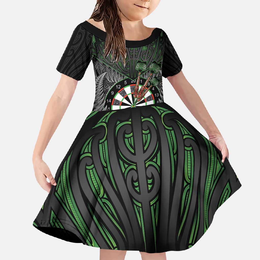 Personalised New Zealand Darts Family Matching Off Shoulder Maxi Dress and Hawaiian Shirt Dartboard Maori Fern Puhoro Art LT14 Daughter's Dress Black - Polynesian Pride
