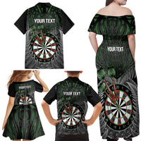 Personalised New Zealand Darts Family Matching Off Shoulder Maxi Dress and Hawaiian Shirt Dartboard Maori Fern Puhoro Art LT14 - Polynesian Pride