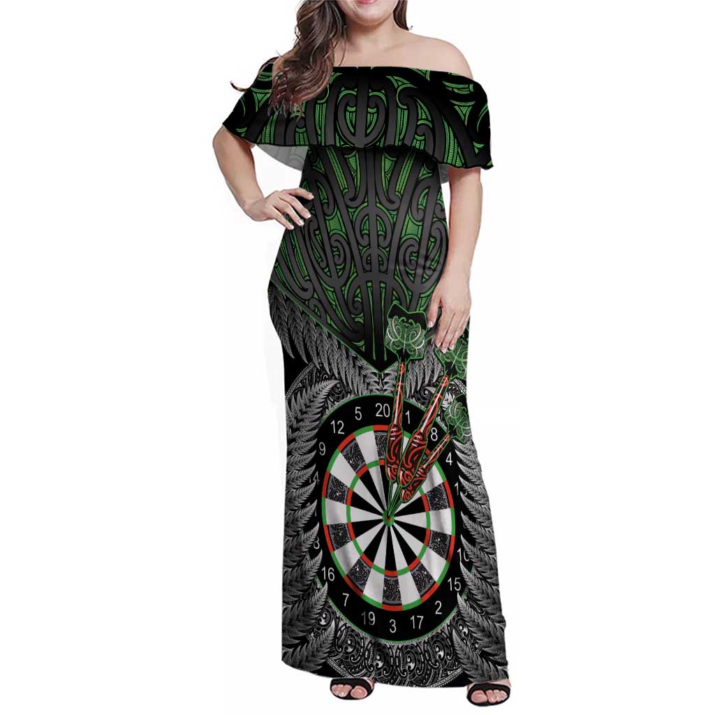 Personalised New Zealand Darts Family Matching Off Shoulder Maxi Dress and Hawaiian Shirt Dartboard Maori Fern Puhoro Art LT14 Mom's Dress Black - Polynesian Pride