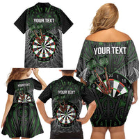 Personalised New Zealand Darts Family Matching Off Shoulder Short Dress and Hawaiian Shirt Dartboard Maori Fern Puhoro Art LT14 - Polynesian Pride
