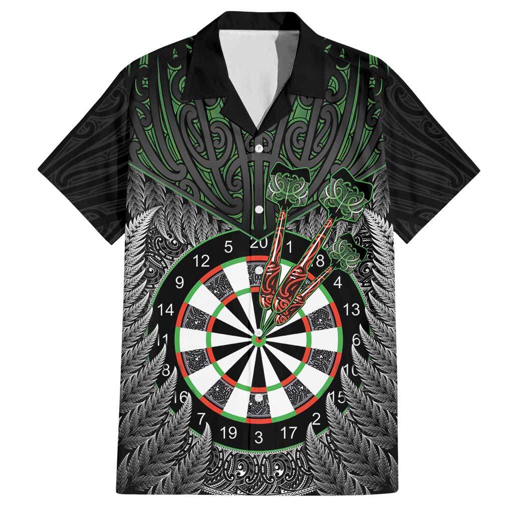 Personalised New Zealand Darts Family Matching Off Shoulder Short Dress and Hawaiian Shirt Dartboard Maori Fern Puhoro Art LT14 Dad's Shirt - Short Sleeve Black - Polynesian Pride