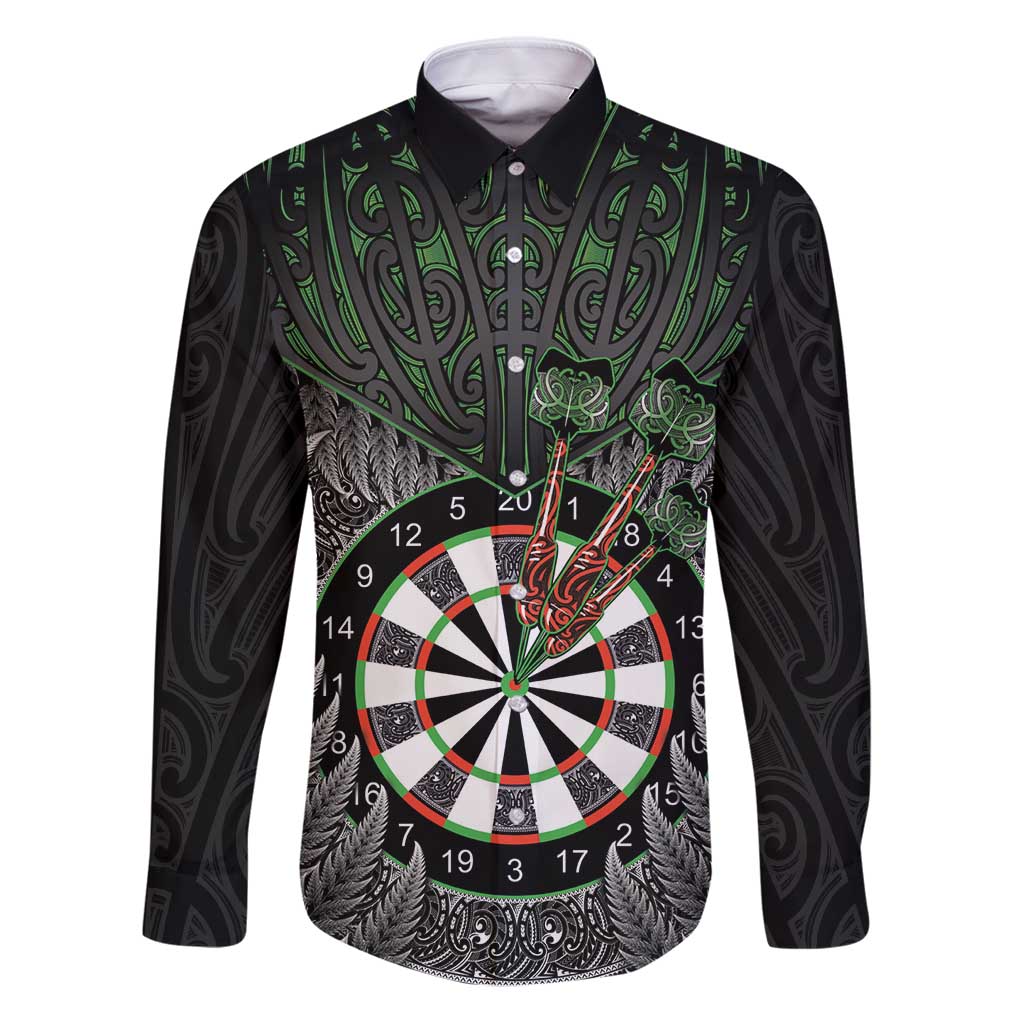 Personalised New Zealand Darts Family Matching Puletasi and Hawaiian Shirt Dartboard Maori Fern Puhoro Art LT14 Dad's Shirt - Long Sleeve Black - Polynesian Pride
