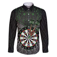 Personalised New Zealand Darts Family Matching Puletasi and Hawaiian Shirt Dartboard Maori Fern Puhoro Art LT14 Dad's Shirt - Long Sleeve Black - Polynesian Pride