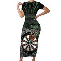 Personalised New Zealand Darts Family Matching Short Sleeve Bodycon Dress and Hawaiian Shirt Dartboard Maori Fern Puhoro Art LT14 Mom's Dress Black - Polynesian Pride