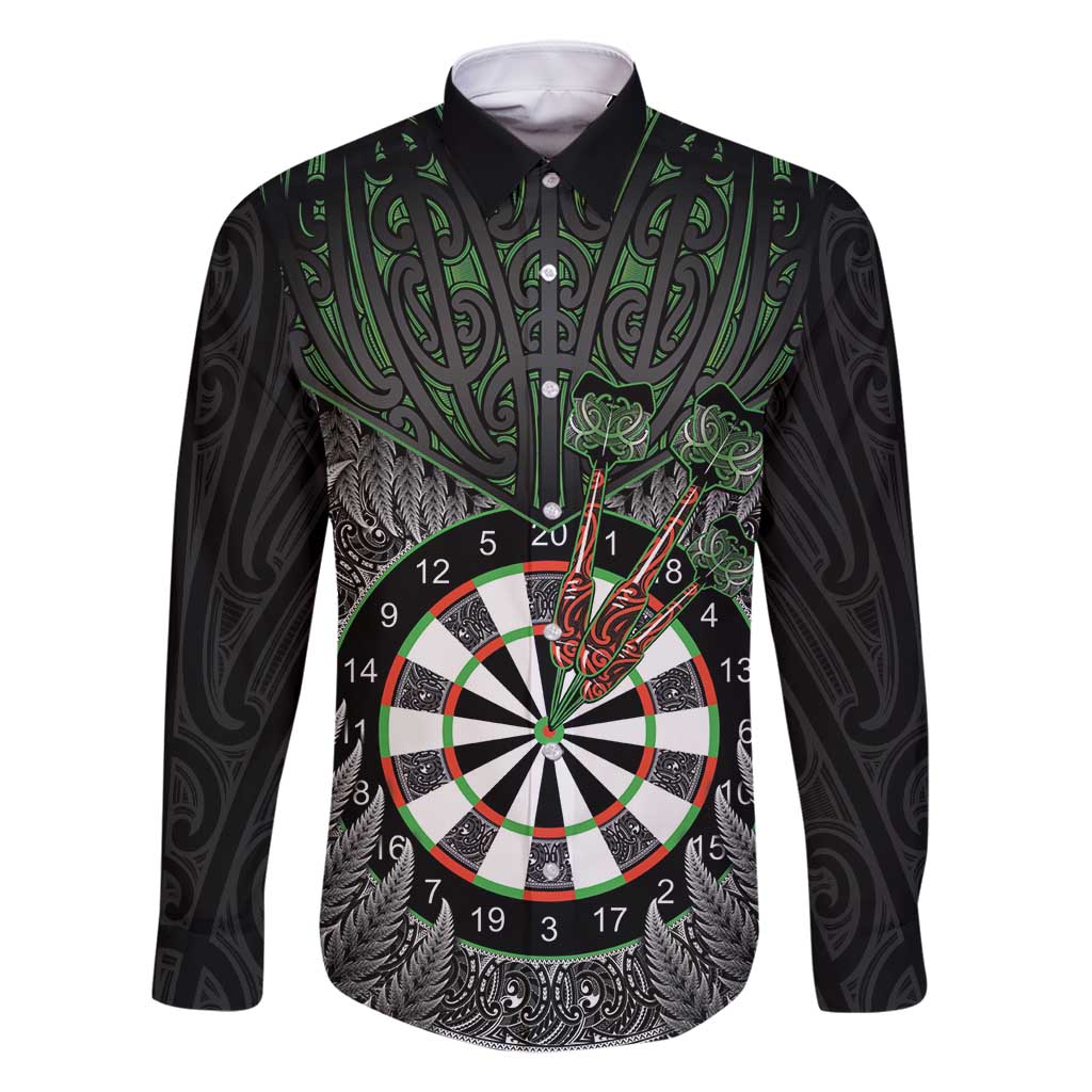 Personalised New Zealand Darts Family Matching Tank Maxi Dress and Hawaiian Shirt Dartboard Maori Fern Puhoro Art LT14 Dad's Shirt - Long Sleeve Black - Polynesian Pride