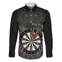 Personalised New Zealand Darts Family Matching Tank Maxi Dress and Hawaiian Shirt Dartboard Maori Fern Puhoro Art LT14 Dad's Shirt - Long Sleeve Black - Polynesian Pride