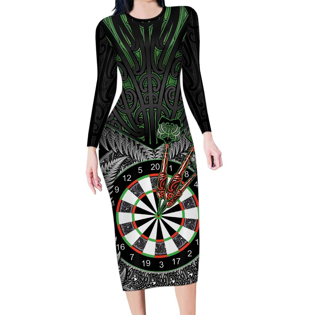 Personalised New Zealand Darts Long Sleeve Bodycon Dress Dartboard Maori Fern Puhoro Art LT14 Long Dress Black - Polynesian Pride