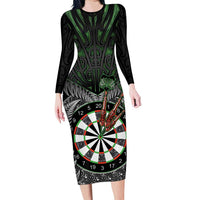 Personalised New Zealand Darts Long Sleeve Bodycon Dress Dartboard Maori Fern Puhoro Art LT14 Long Dress Black - Polynesian Pride