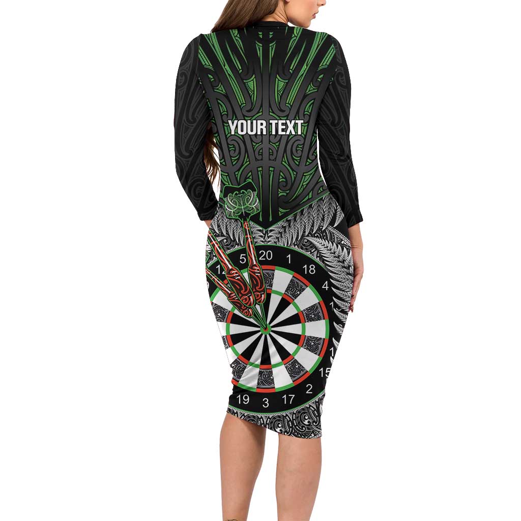 Personalised New Zealand Darts Long Sleeve Bodycon Dress Dartboard Maori Fern Puhoro Art LT14 - Polynesian Pride