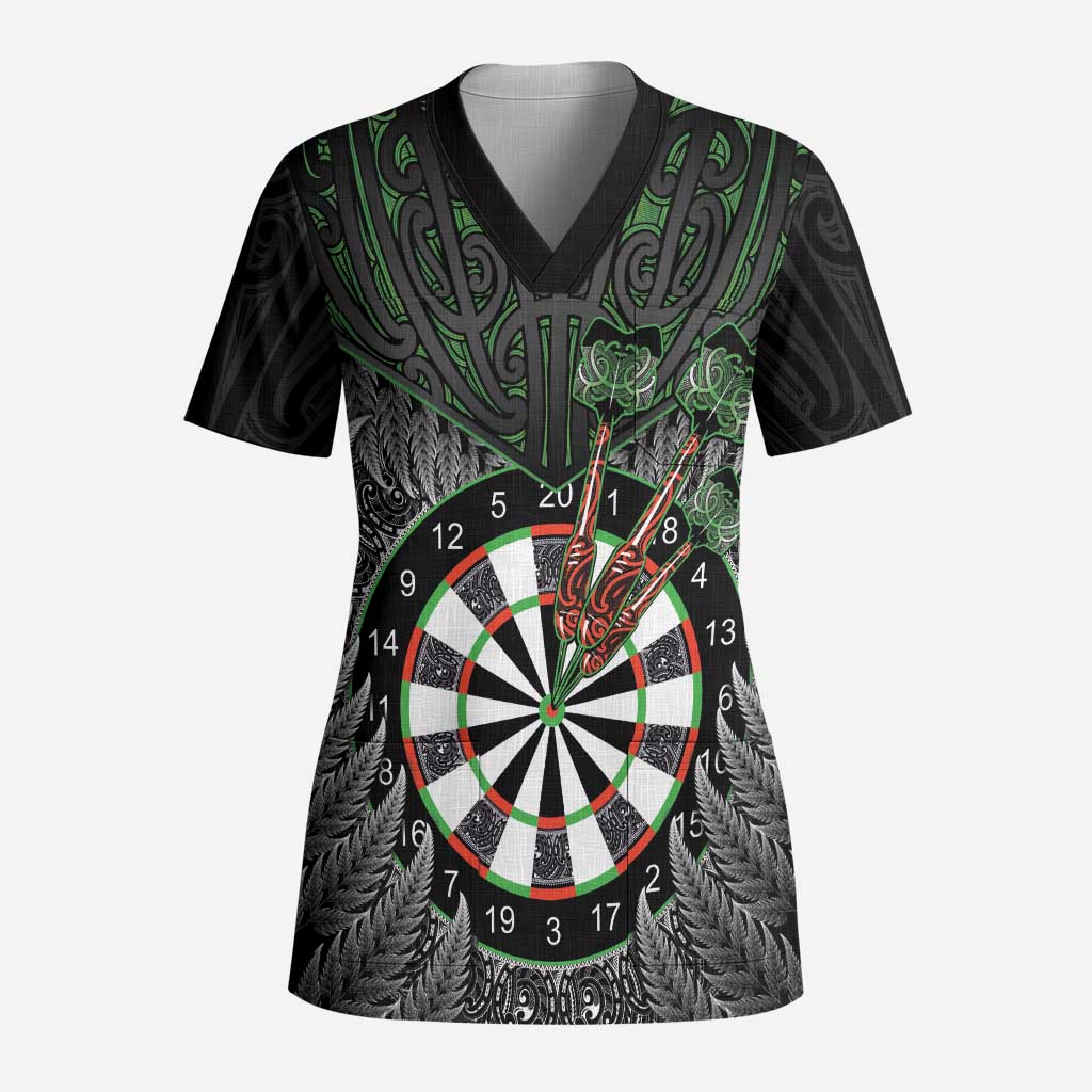 Personalised New Zealand Darts Scrub Top Dartboard Maori Fern Puhoro Art - Polynesian Pride