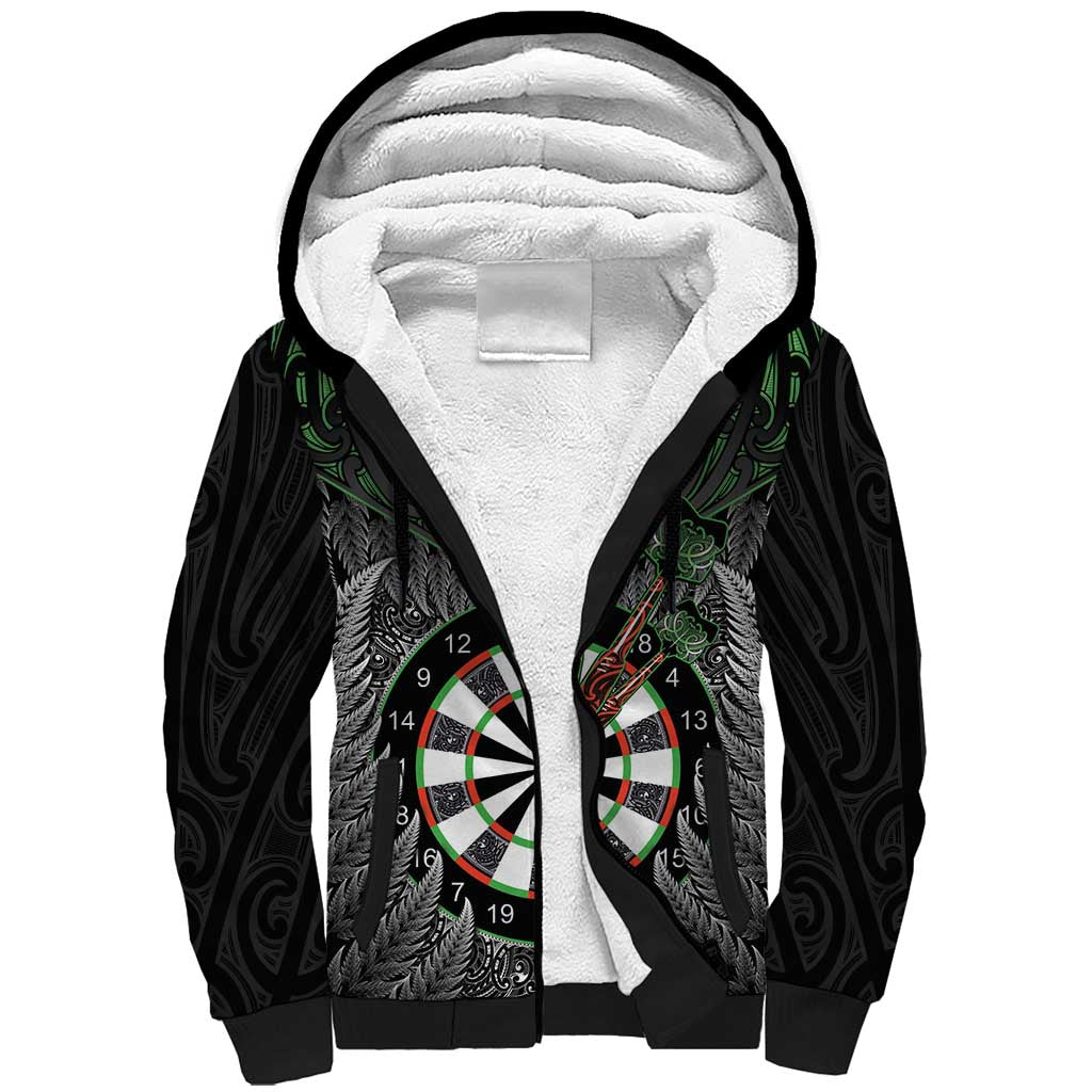 Personalised New Zealand Darts Sherpa Hoodie Dartboard Maori Fern Puhoro Art LT14 Unisex Black - Polynesian Pride