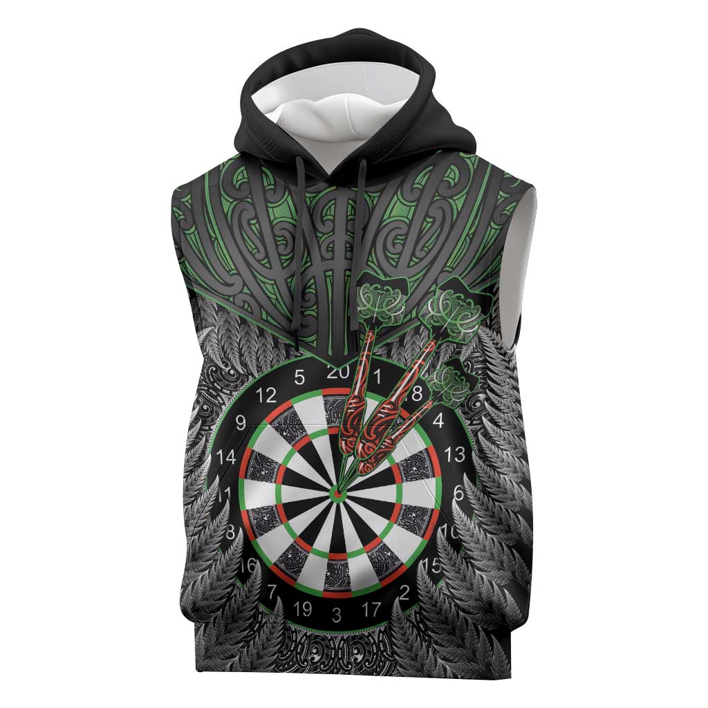 Personalised New Zealand Darts Sleeveless Hoodie Dartboard Maori Fern Puhoro Art LT14 Black - Polynesian Pride