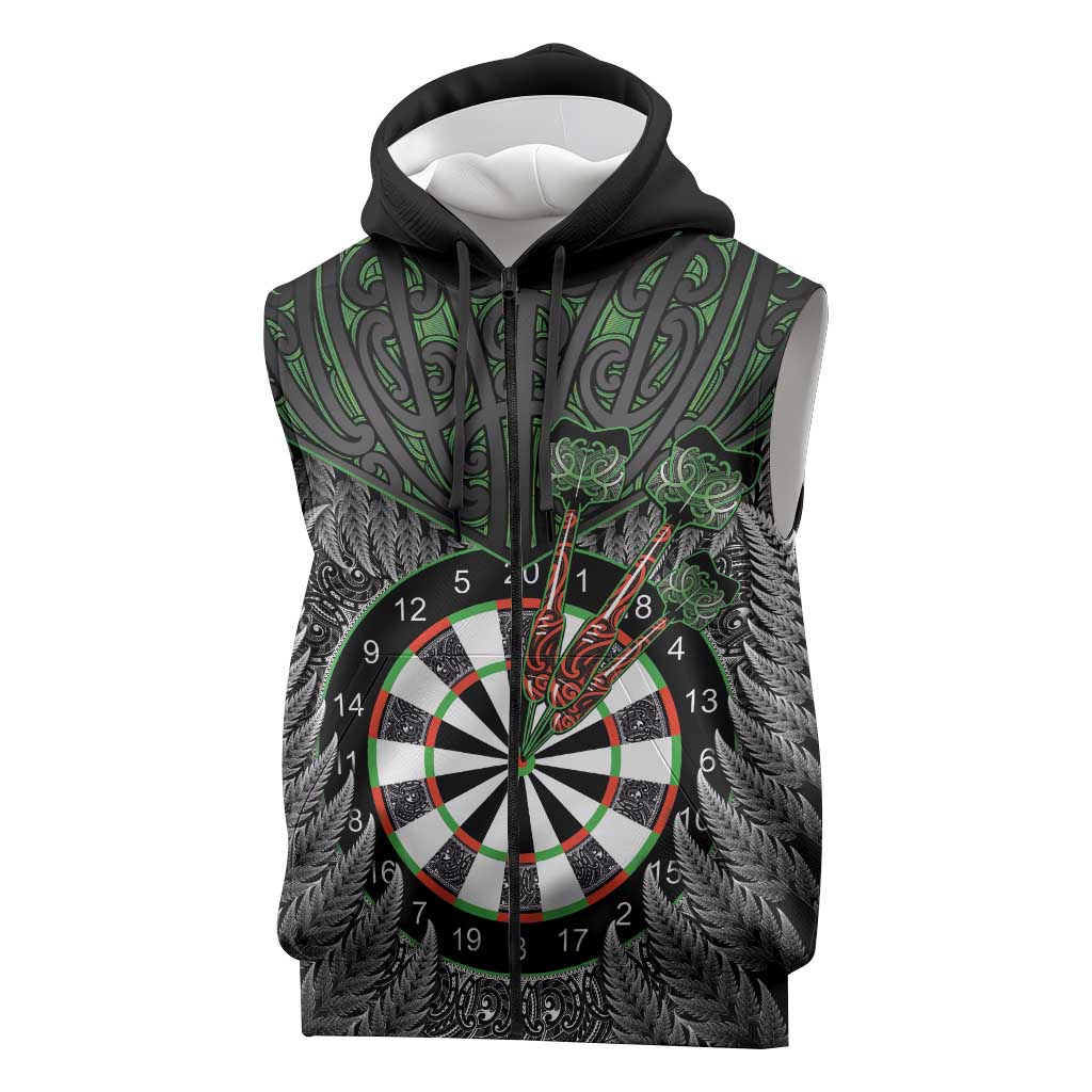 Personalised New Zealand Darts Sleeveless Zip Hoodie Dartboard Maori Fern Puhoro Art LT14 Black - Polynesian Pride