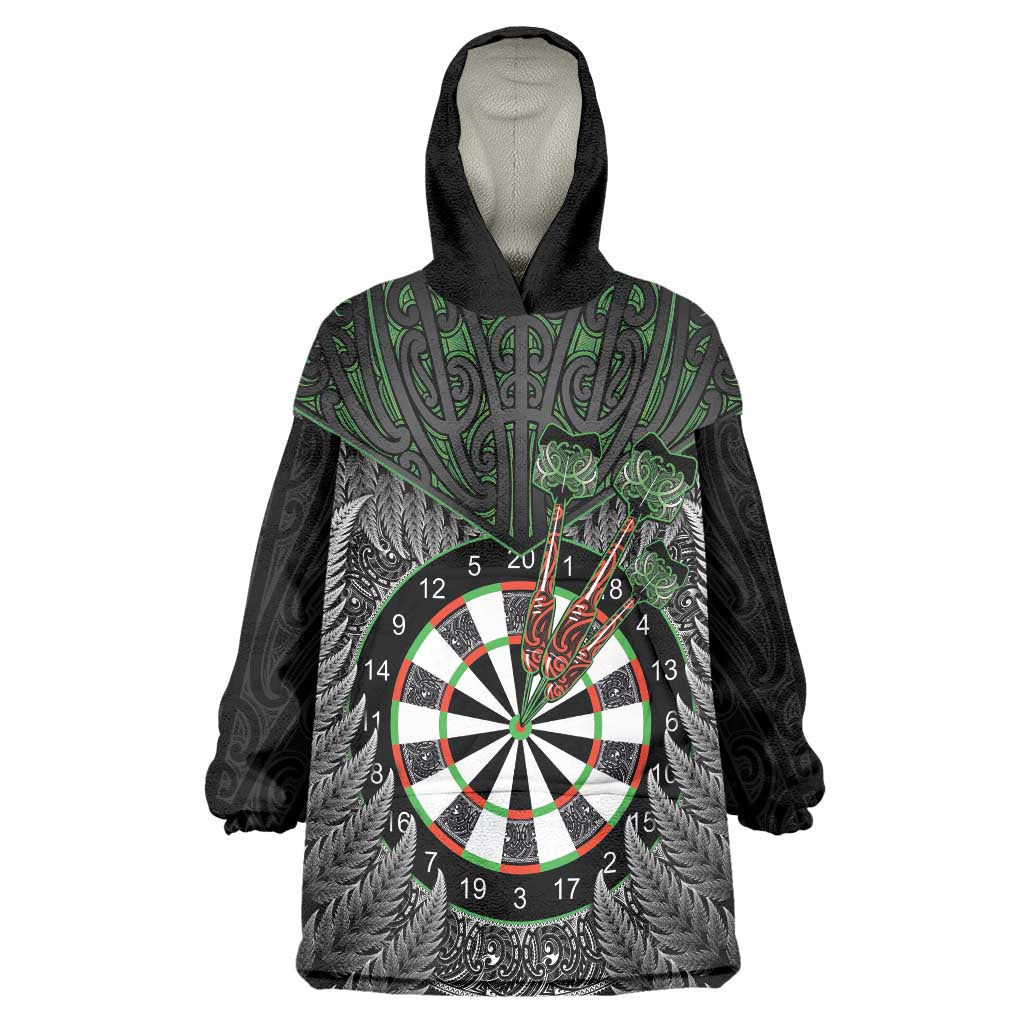 Personalised New Zealand Darts Wearable Blanket Hoodie Dartboard Maori Fern Puhoro Art LT14 One Size Black - Polynesian Pride