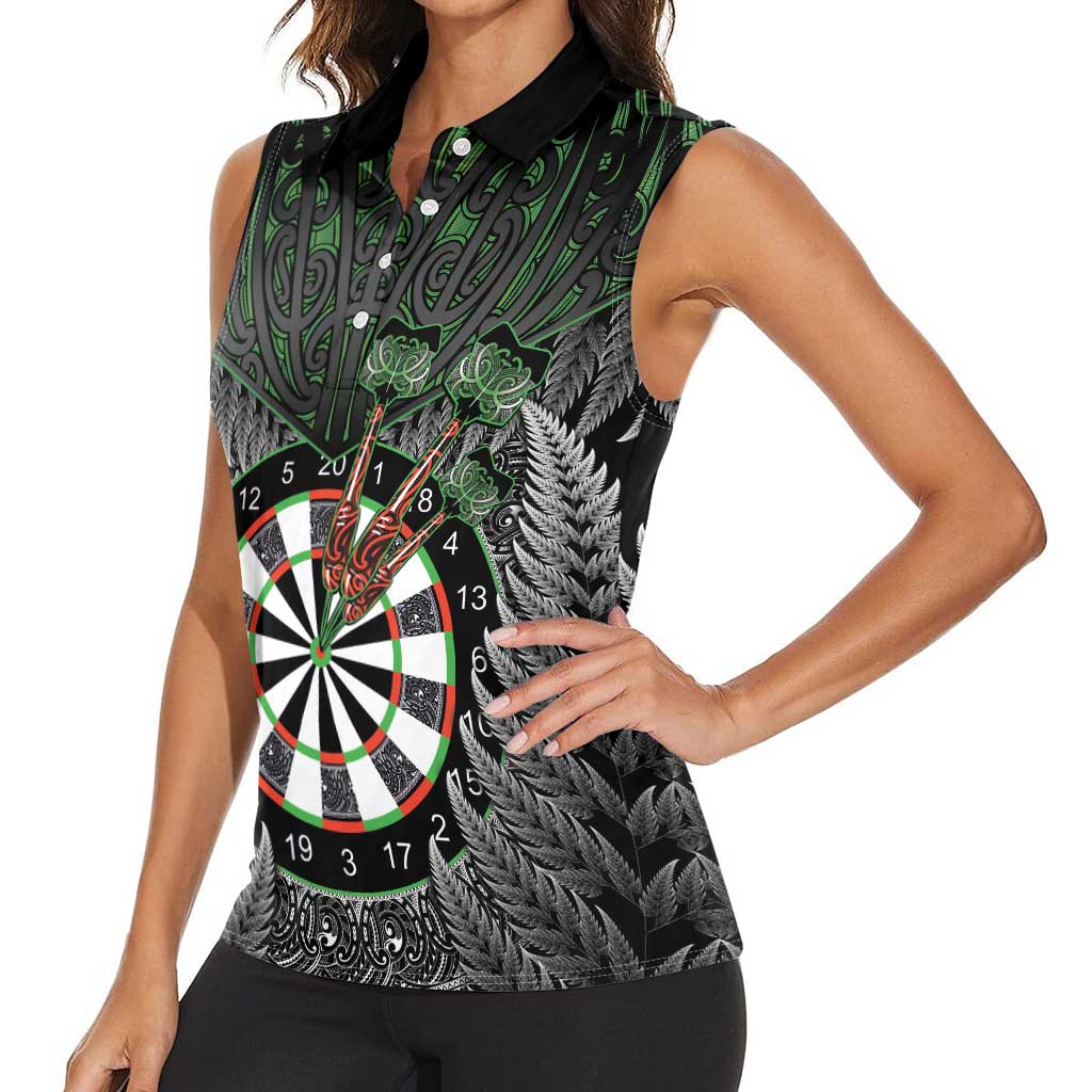 Personalised New Zealand Darts Women Sleeveless Polo Shirt Dartboard Maori Fern Puhoro Art