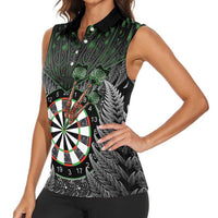 Personalised New Zealand Darts Women Sleeveless Polo Shirt Dartboard Maori Fern Puhoro Art
