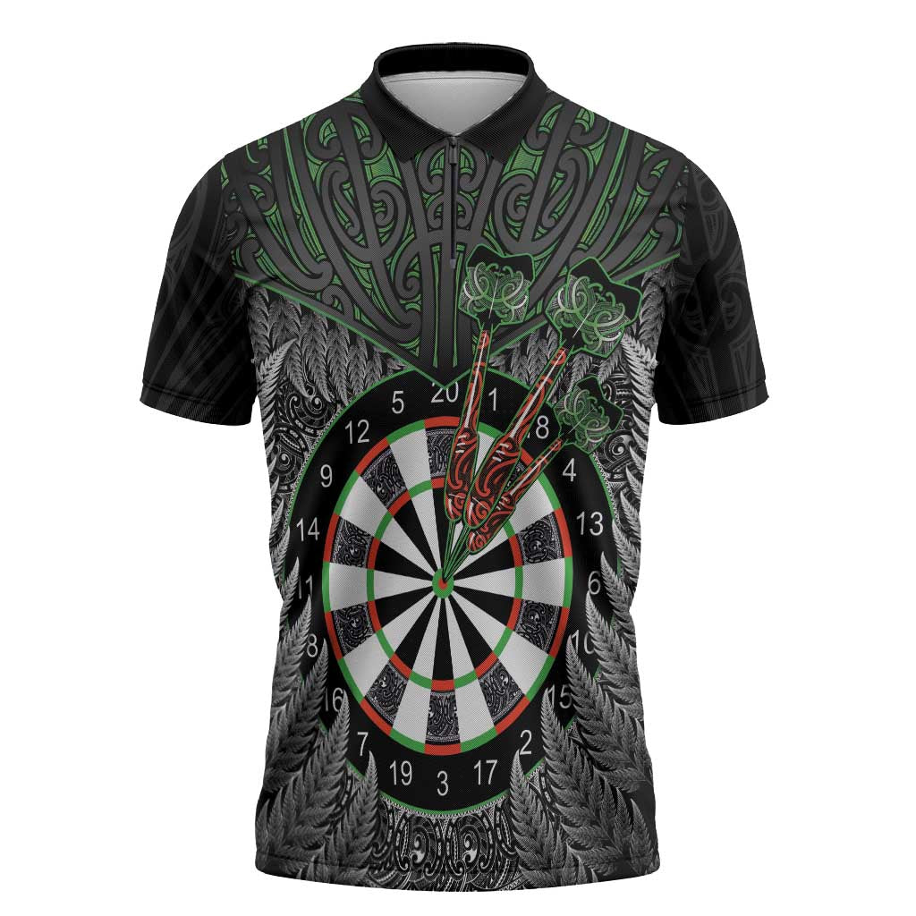 Personalised New Zealand Darts Zipper Polo Shirt Dartboard Maori Fern Puhoro Art LT14 Black - Polynesian Pride