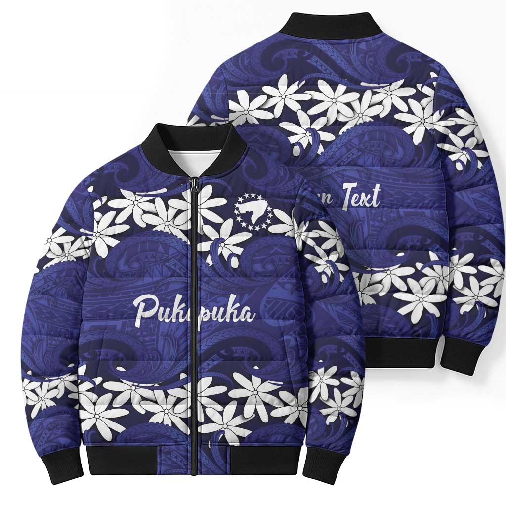 Personalised Cook Islands Pukapuka Bomber Puffer Jacket Tiare Maori Polynesian Waves Tattoo