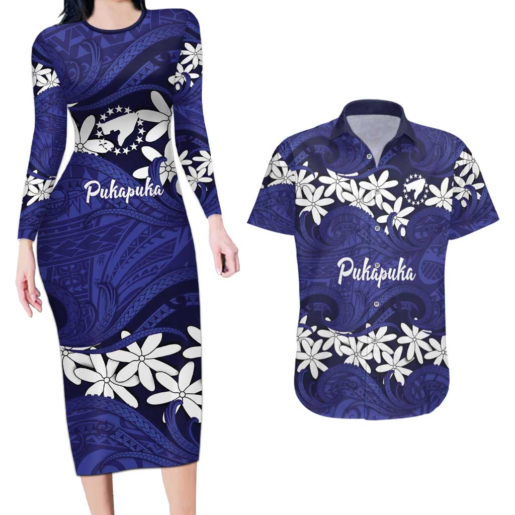 Personalised Cook Islands Pukapuka Couples Matching Long Sleeve Bodycon Dress and Hawaiian Shirt Tiare Maori Polynesian Waves Tattoo LT14 Blue - Polynesian Pride
