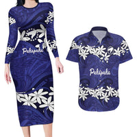 Personalised Cook Islands Pukapuka Couples Matching Long Sleeve Bodycon Dress and Hawaiian Shirt Tiare Maori Polynesian Waves Tattoo LT14 Blue - Polynesian Pride