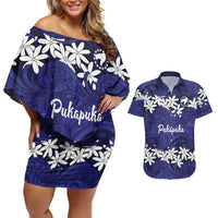 Personalised Cook Islands Pukapuka Couples Matching Off Shoulder Short Dress and Hawaiian Shirt Tiare Maori Polynesian Waves Tattoo