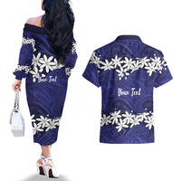 Personalised Cook Islands Pukapuka Couples Matching Off The Shoulder Long Sleeve Dress and Hawaiian Shirt Tiare Maori Polynesian Waves Tattoo LT14 - Polynesian Pride
