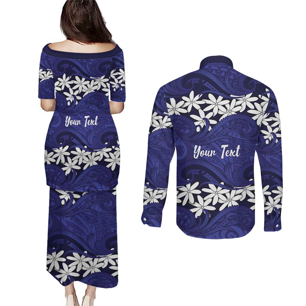 Personalised Cook Islands Pukapuka Couples Matching Puletasi and Long Sleeve Button Shirt Tiare Maori Polynesian Waves Tattoo