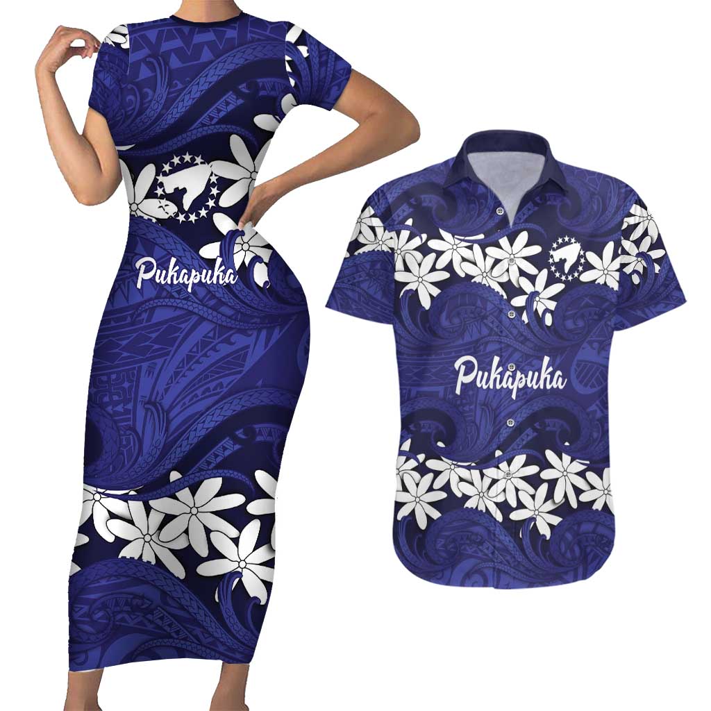 Personalised Cook Islands Pukapuka Couples Matching Short Sleeve Bodycon Dress and Hawaiian Shirt Tiare Maori Polynesian Waves Tattoo LT14 Blue - Polynesian Pride