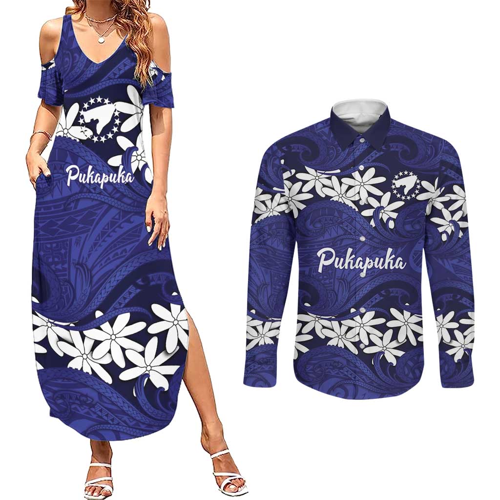 Personalised Cook Islands Pukapuka Couples Matching Summer Maxi Dress and Long Sleeve Button Shirt Tiare Maori Polynesian Waves Tattoo