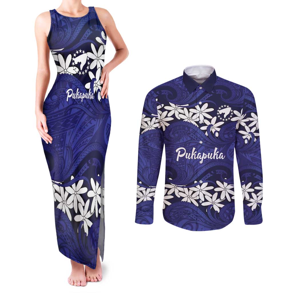 Personalised Cook Islands Pukapuka Couples Matching Tank Maxi Dress and Long Sleeve Button Shirt Tiare Maori Polynesian Waves Tattoo LT14 Blue - Polynesian Pride