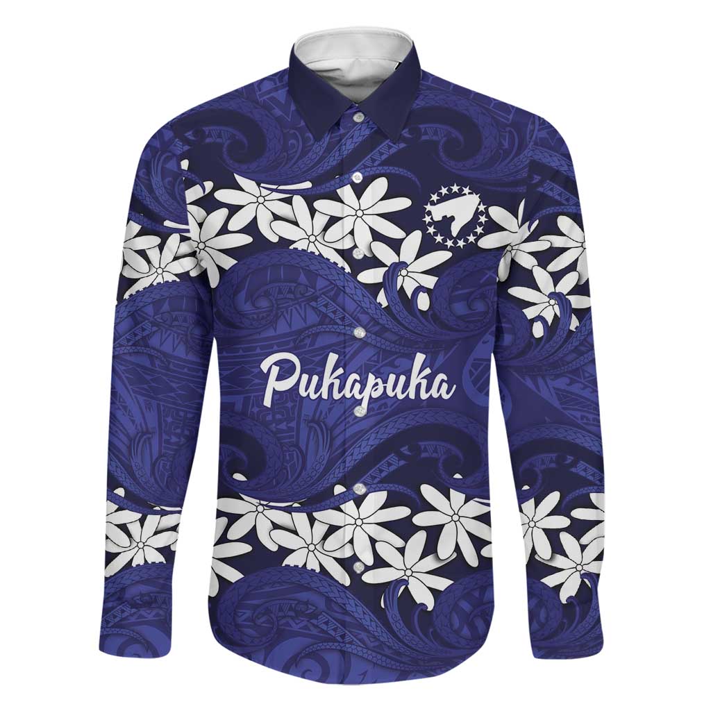Personalised Cook Islands Pukapuka Family Matching Off The Shoulder Long Sleeve Dress and Hawaiian Shirt Tiare Maori Polynesian Waves Tattoo LT14 Dad's Shirt - Long Sleeve Blue - Polynesian Pride