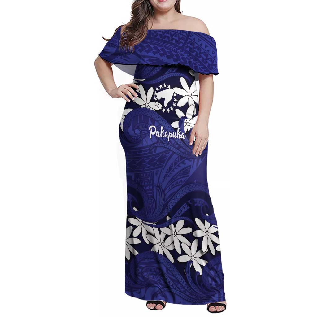 Personalised Cook Islands Pukapuka Family Matching Off Shoulder Maxi Dress and Hawaiian Shirt Tiare Maori Polynesian Waves Tattoo LT14 Mom's Dress Blue - Polynesian Pride