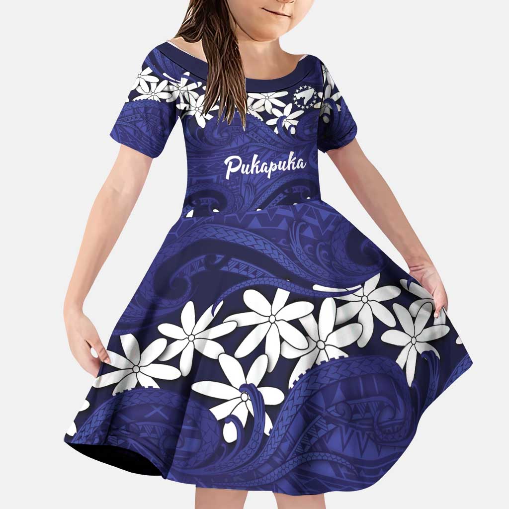 Personalised Cook Islands Pukapuka Family Matching Off Shoulder Short Dress and Hawaiian Shirt Tiare Maori Polynesian Waves Tattoo LT14 Daughter's Dress Blue - Polynesian Pride
