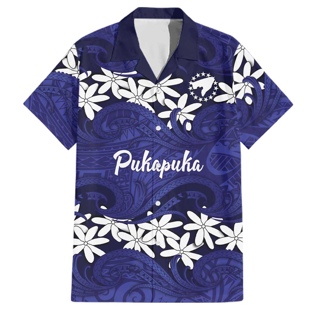 Personalised Cook Islands Pukapuka Family Matching Tank Maxi Dress and Hawaiian Shirt Tiare Maori Polynesian Waves Tattoo LT14 Dad's Shirt - Short Sleeve Blue - Polynesian Pride
