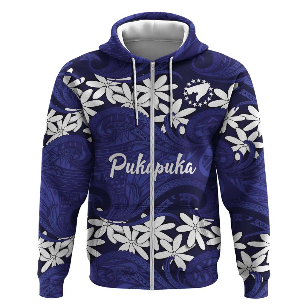 Personalised Cook Islands Pukapuka Hoodie Tiare Maori Polynesian Waves Tattoo LT14 Zip Hoodie Blue - Polynesian Pride