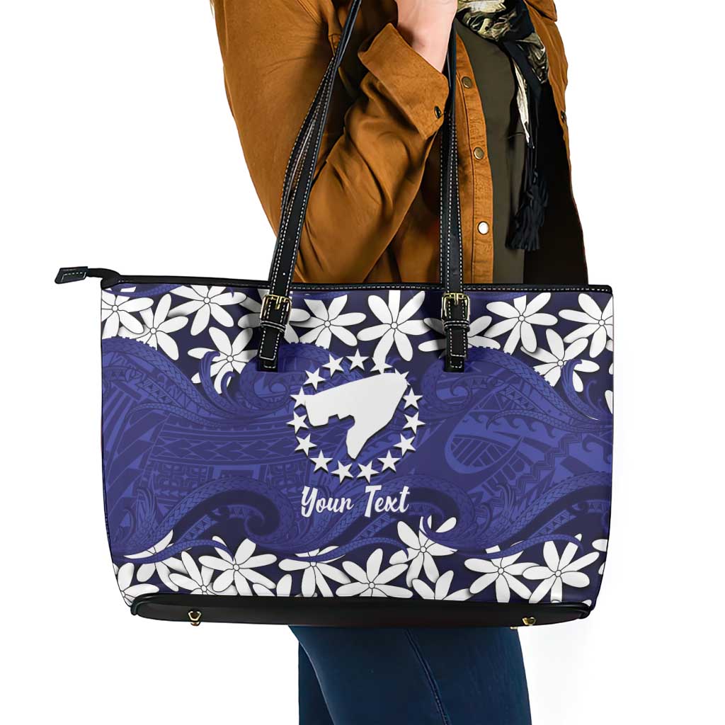 Personalised Cook Islands Pukapuka Leather Tote Bag Tiare Maori Polynesian Waves Tattoo