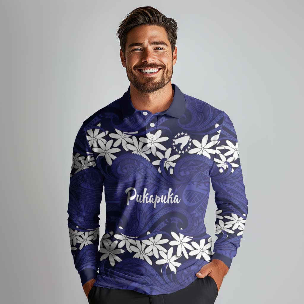 Personalised Cook Islands Pukapuka Long Sleeve Polo Shirt Tiare Maori Polynesian Waves Tattoo