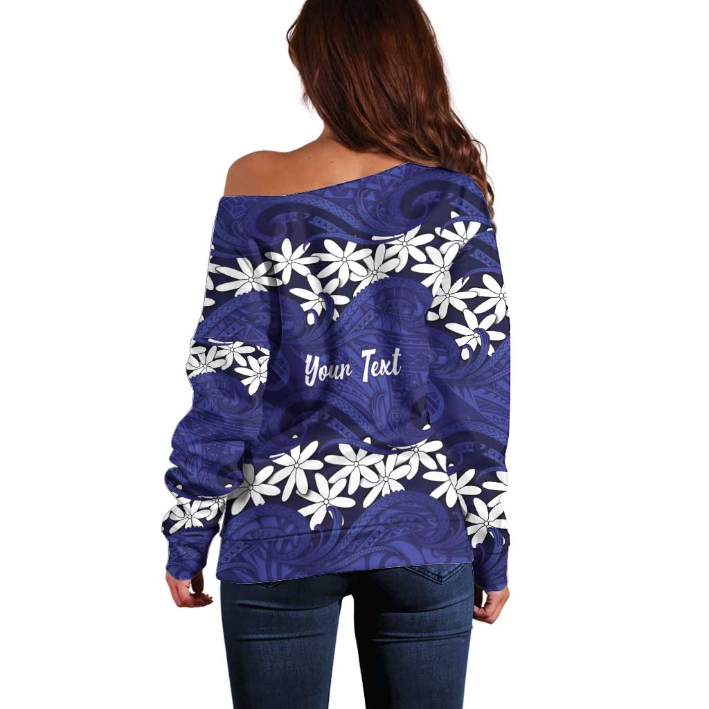 Personalised Cook Islands Pukapuka Off Shoulder Sweater Tiare Maori Polynesian Waves Tattoo