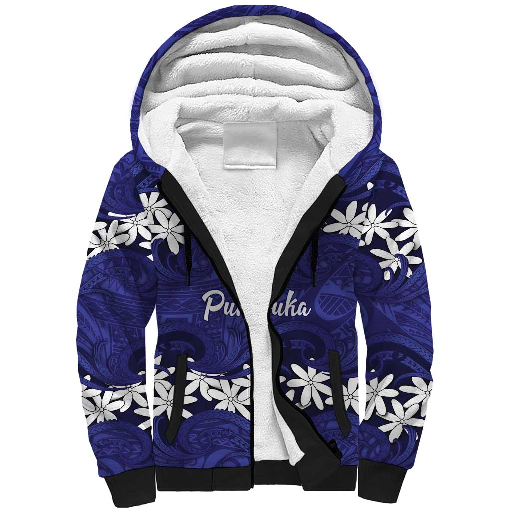 Personalised Cook Islands Pukapuka Sherpa Hoodie Tiare Maori Polynesian Waves Tattoo