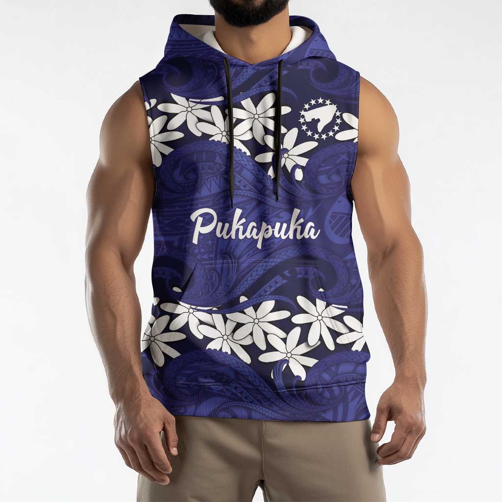 Personalised Cook Islands Pukapuka Sleeveless Hoodie Tiare Maori Polynesian Waves Tattoo