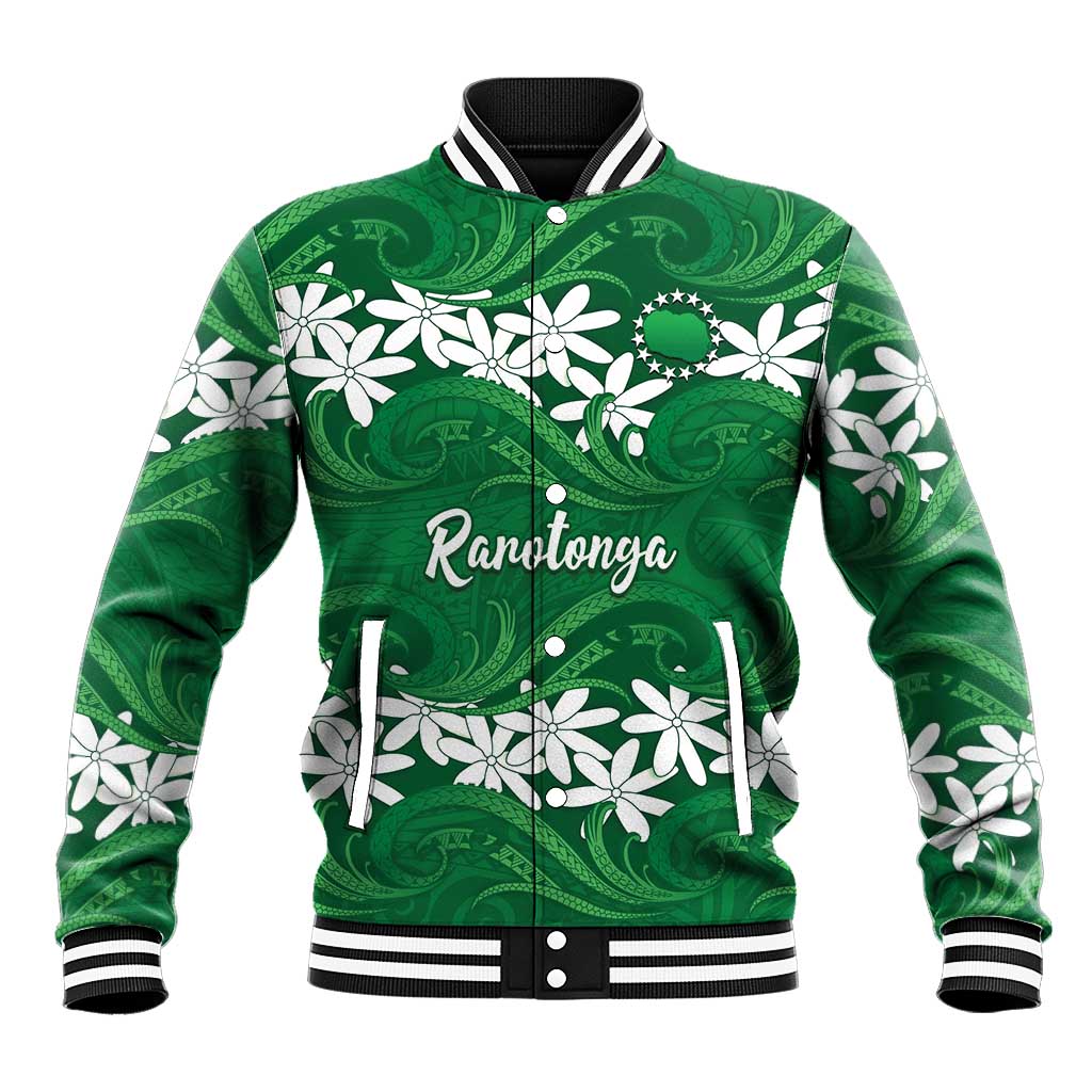 Personalised Cook Islands Rarotonga Baseball Jacket Tiare Maori Polynesian Waves Tattoo