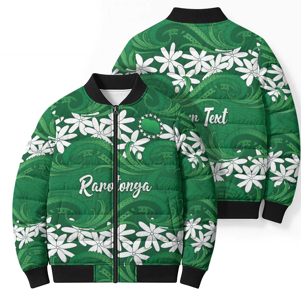 Personalised Cook Islands Rarotonga Bomber Puffer Jacket Tiare Maori Polynesian Waves Tattoo