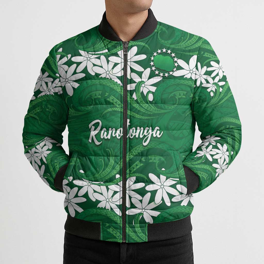 Personalised Cook Islands Rarotonga Bomber Puffer Jacket Tiare Maori Polynesian Waves Tattoo